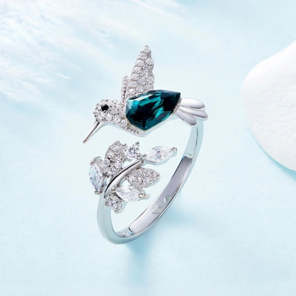Elegant Natural Blue Stone Adjustable Hummingbird Ring for Women Glass Filled - Picture 2 of 10